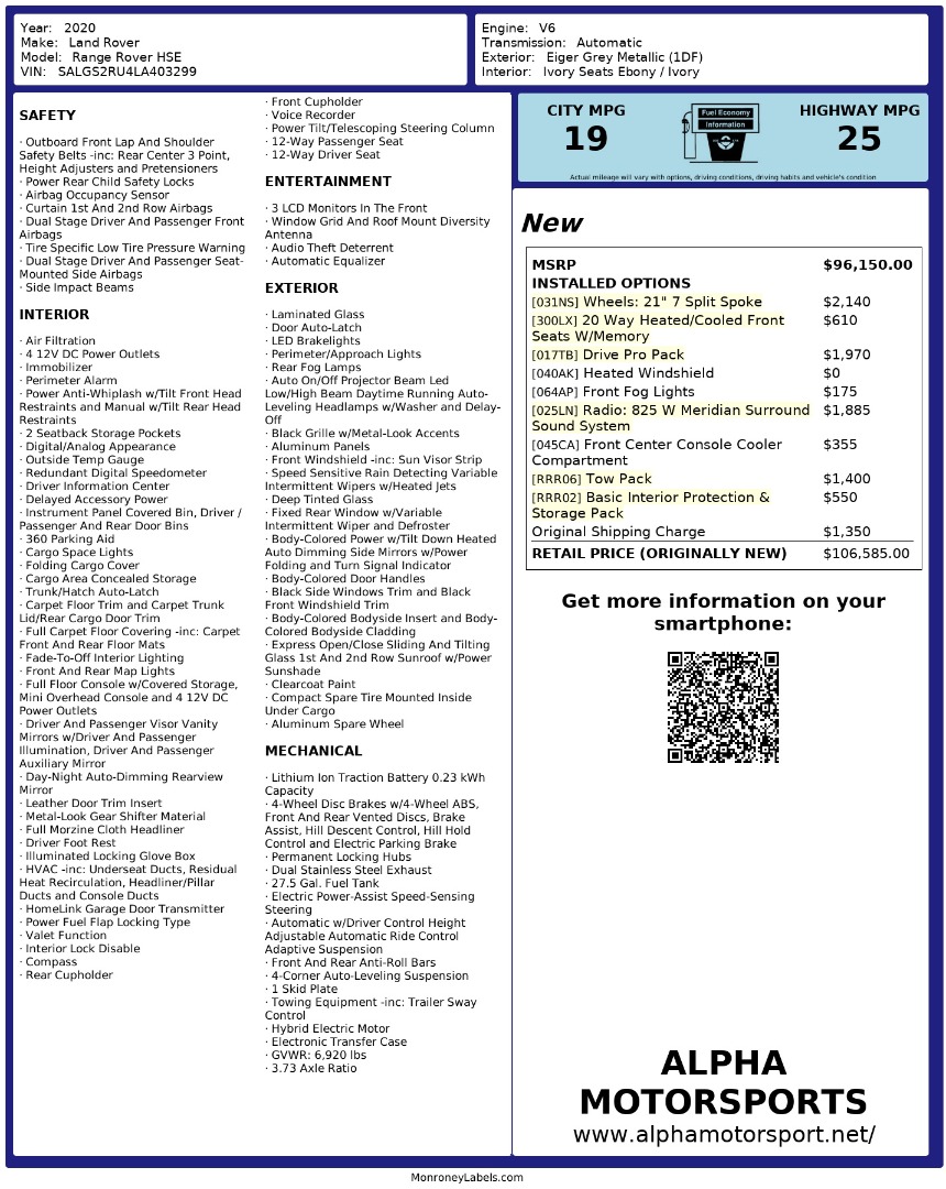 2020 LAND ROVER RANGE ROVER HSE FREDERICKSBURG , VIRGINIA Alpha